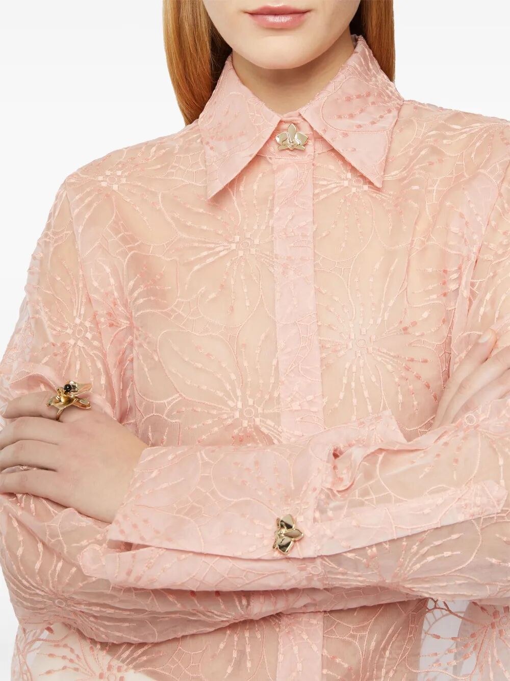 floral-embroidered organza shirt