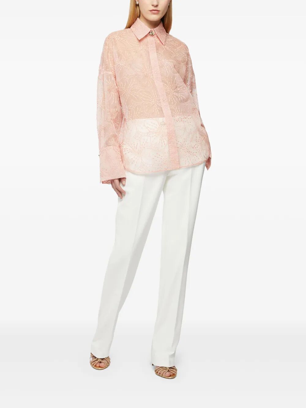 floral-embroidered organza shirt