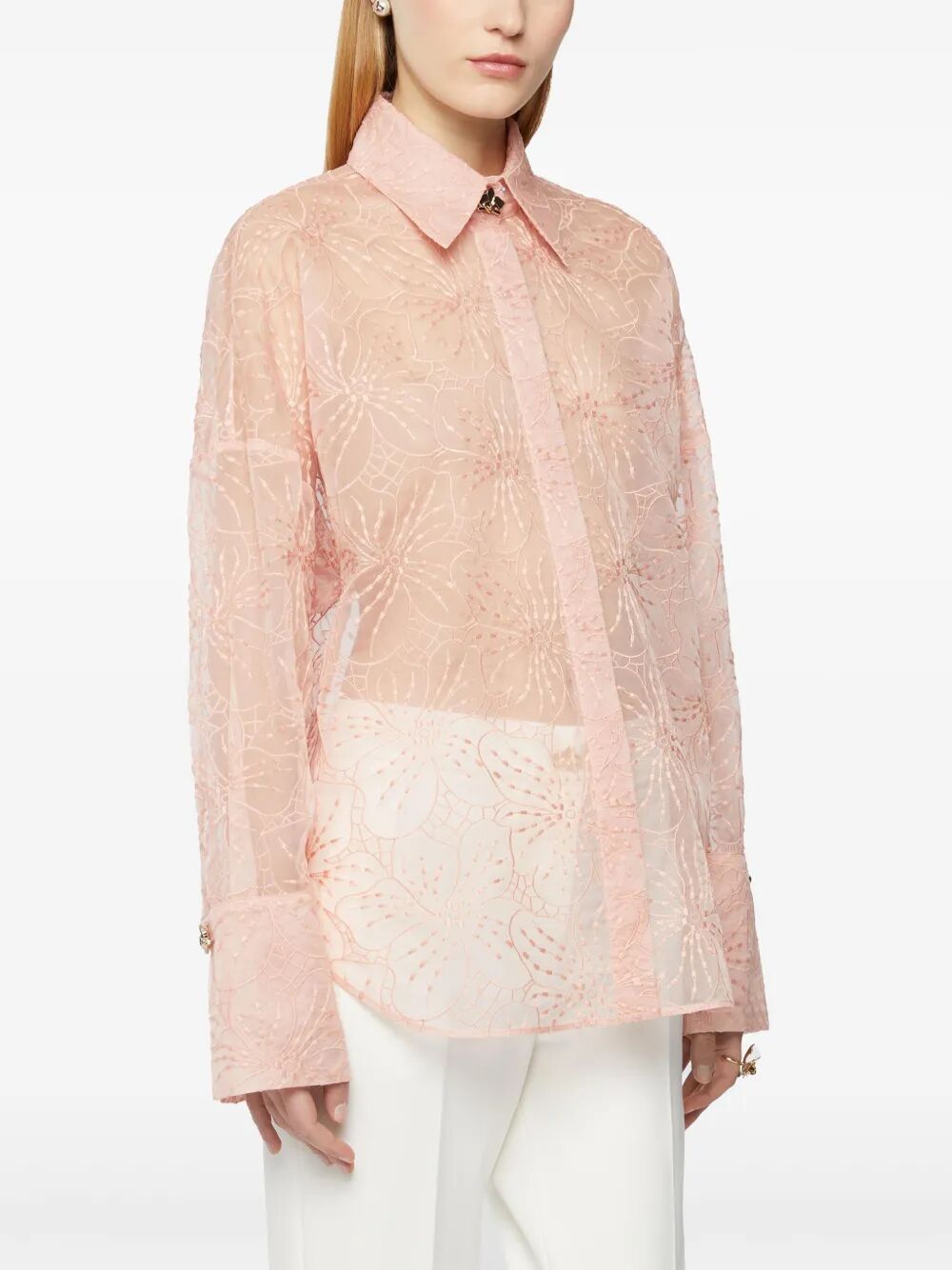 floral-embroidered organza shirt