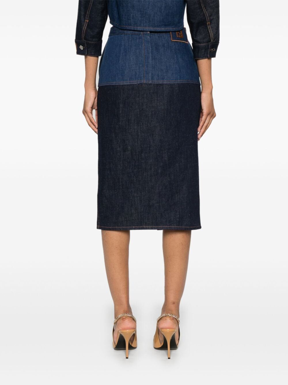 two-tone denim midi skirt