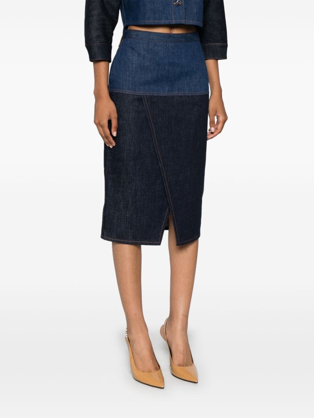 two-tone denim midi skirt