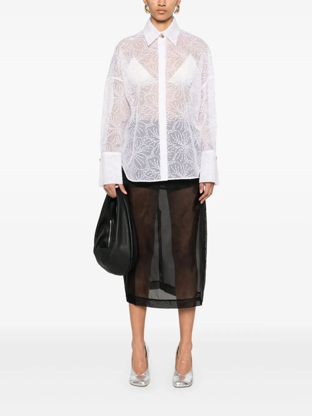 floral-embroidered organza shirt